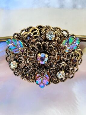 Vintage brass filigree scarf clip brooch, rhinestones, a.b. glass W. Germany